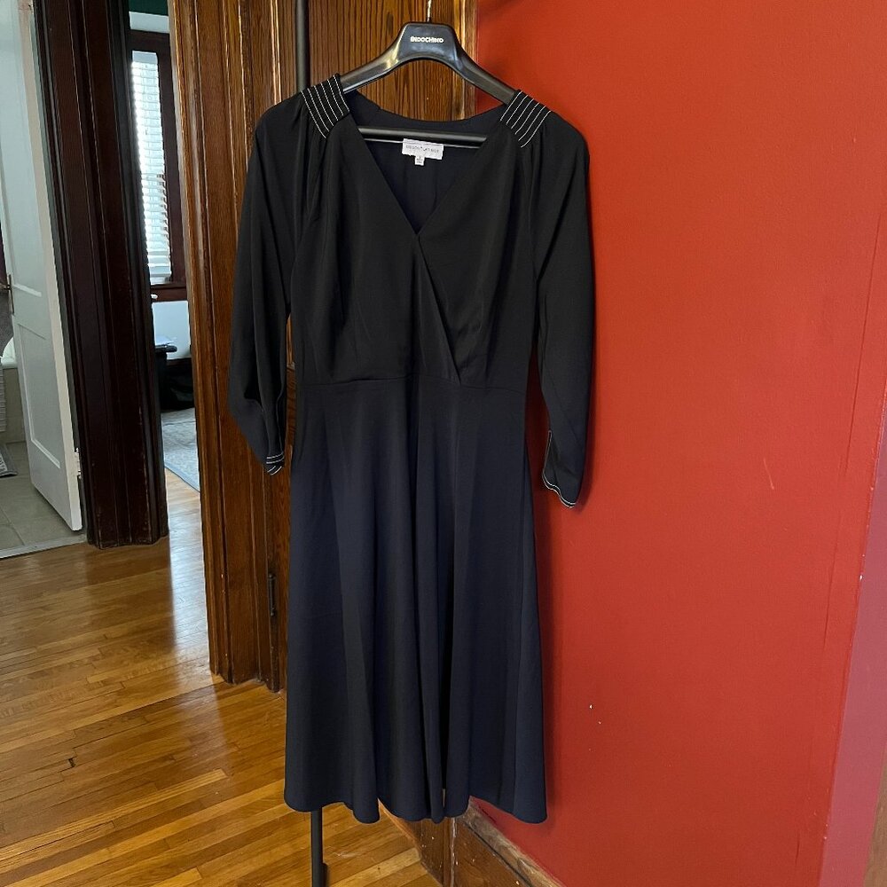 Gibson Latimer Navy Blue Quarter Sleeve V-neck Stitched Midi Dress Small